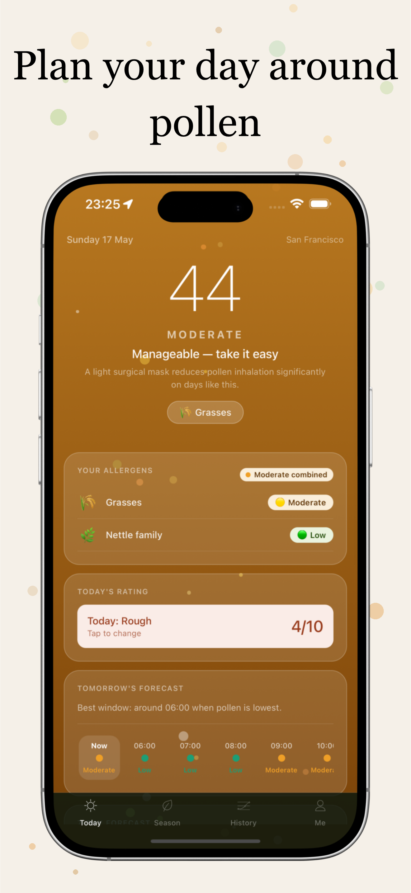 PollenPal Today screen — daily allergen status and forecast