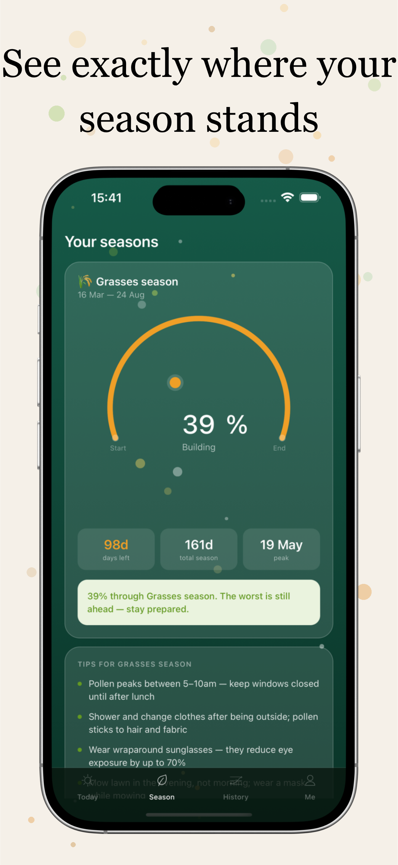 PollenPal Season screen — season progress arc and countdown