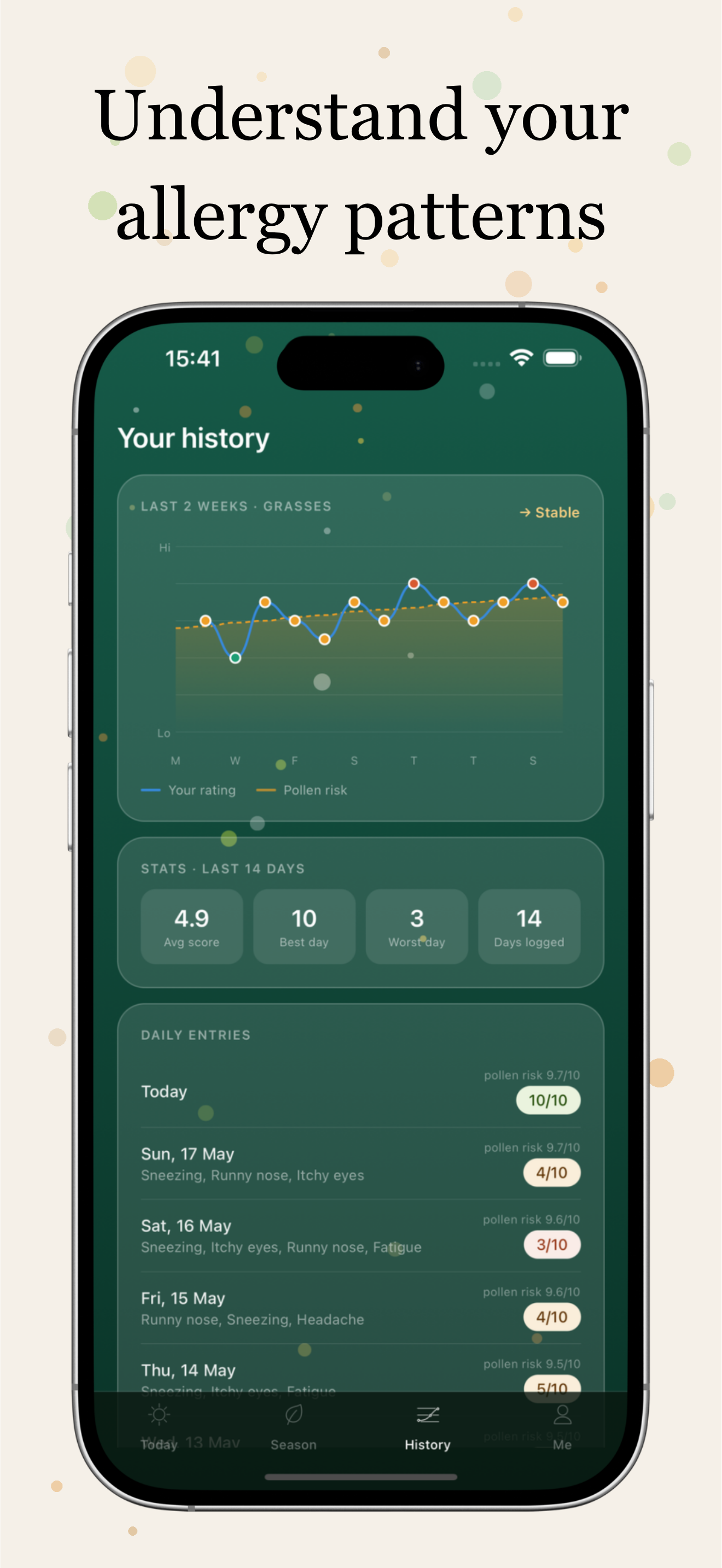 PollenPal History screen — symptom tracking and pattern chart